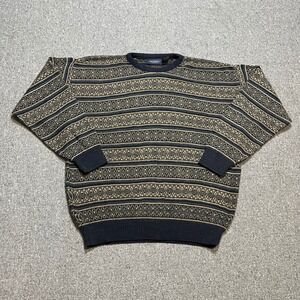 Van Heusen Large Crewneck Sweater Navy Blue Tan Geometric Knit Pullover L